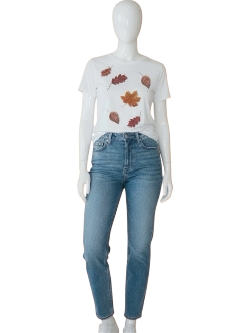 POODIT Fall sequin leaves white tee S M L XL